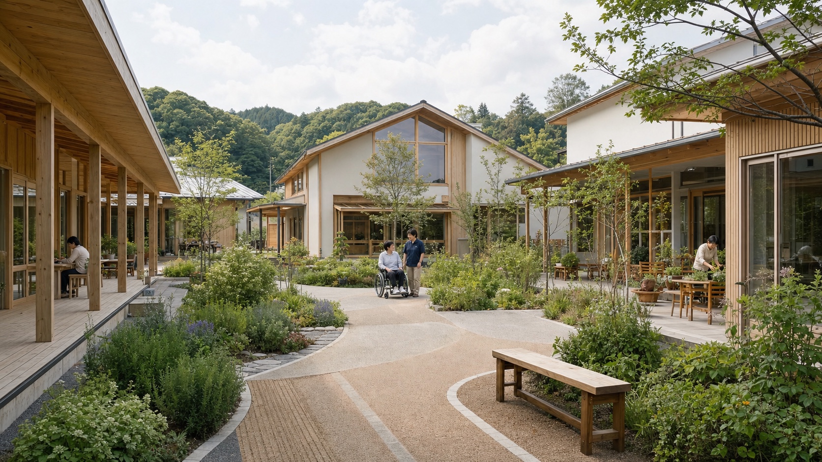 木造建物と中庭、バリアフリー動線がつながる北欧型福祉施設のイメージ